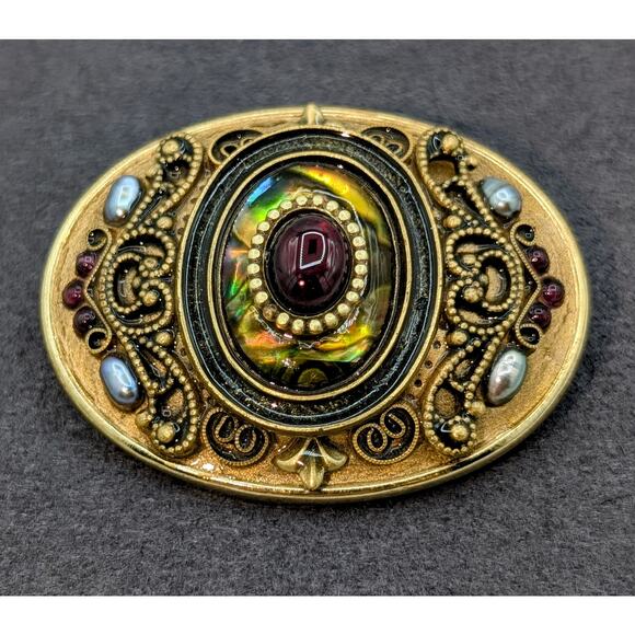Vintage Michal Golan Signed Oval Gold Plated Garnet Abalone Brooch/Pendant - Picture 1 of 7